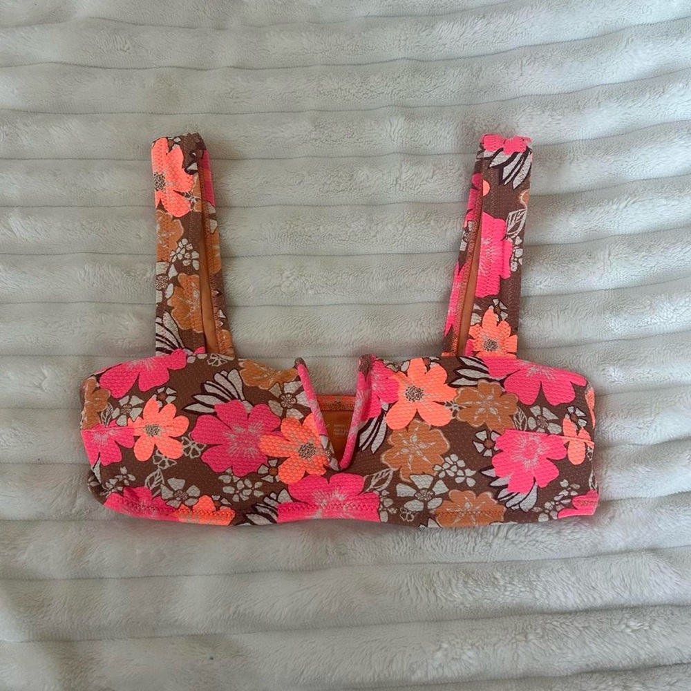 Aerie Floral Aerie V Pique Bandea Bikini Top - Brown and Pink Size Small 🌺